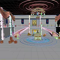 Grand Hall Interior Design With Red Curtains White Columns Chandelier Staircases Circular Pool And Wooden Crates