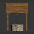 Wooden Well Structure With Sloped Roof Stone Wellhead And Bucket Pulley