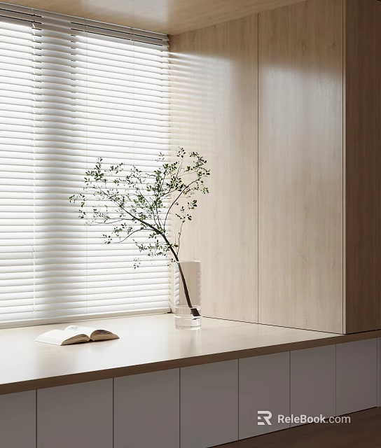 Minimalist Bay Window with White Blinds and Open Book on Windowsill and Green Plant 3d model 