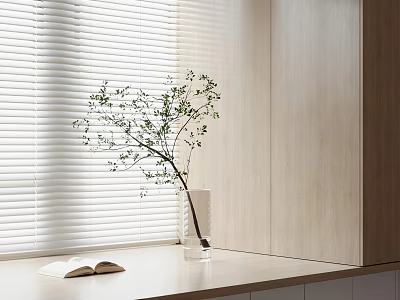Minimalist Bay Window with White Blinds and Open Book on Windowsill and Green Plant 3d model