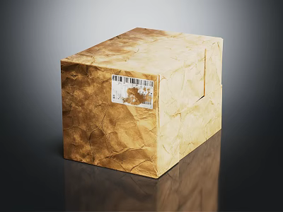 Brown Kraft Paper Box With Crinkled Surface And Barcode Label On Dark Background 3d model
