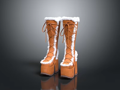 Brown Knee High Boots With White Fur Trim Lace Up Design And Thick Soles 3d model