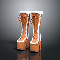 Brown Knee High Boots With White Fur Trim Lace Up Design And Thick Soles