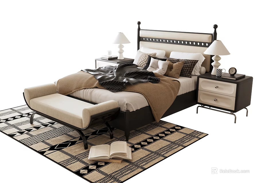 Elegant Double Bed Interior With Bedside Tables Table Lamps Rug Open Book And Bench 3d model