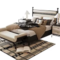 Elegant Double Bed Interior With Bedside Tables Table Lamps Rug Open Book And Bench 3d model