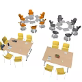 Light Brown Desks with Orange Gray Yellow Chairs and Notebook Cup on Top