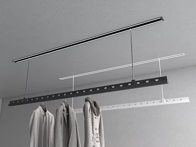 Modern Ceiling Mounted Clothes Hanger With Black White Crossbars And Hanging Clothes 3d model