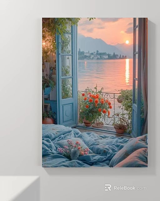 Landscape View Through Blue Windows Lake Sunset Reflection Distant Mountains Town Orange Flowers Green Plants 3d model 