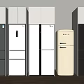 Various Colored Modern Refrigerators and Freezers Arranged Against Wall on Wooden Floor