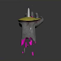 Gray Hand Supporting Yellow Circular Base With White Lighthouse Bird And Falling Pink Fragments