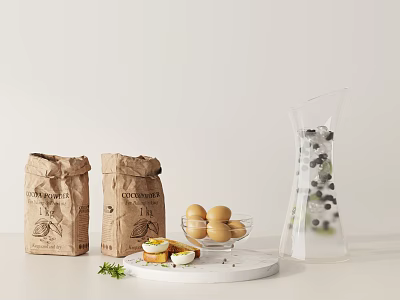 Appetizing Food Display With Flour Bags Eggs Sandwiches Blueberries And Herbs 3d model