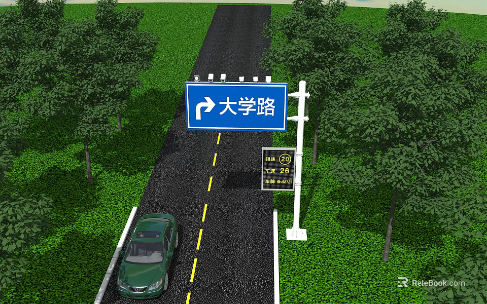 Blue Traffic Sign for University Road Right Arrow on Road Green Car Near Trees Grass 3d model 