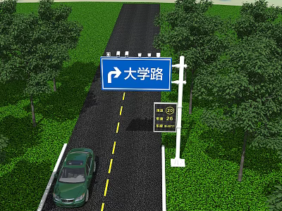Blue Traffic Sign for University Road Right Arrow on Road Green Car Near Trees Grass 3d model