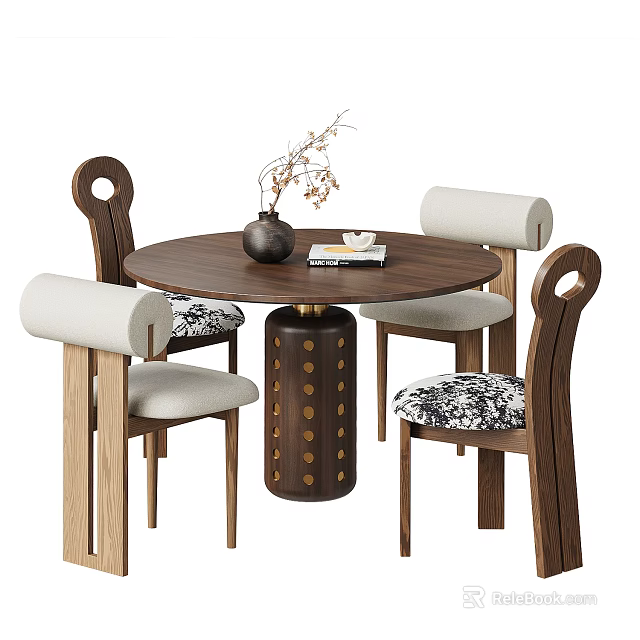 Round Wooden Dining Table with Dot Base and Curved Backrest Upholstered Chairs Set 3d model