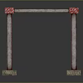Metal Frame Structure With Red And White Striped Decorations And Concrete Bases