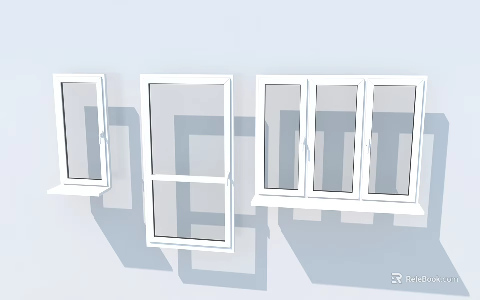 Modern Casement Windows With Different Styles And White Frames On Wall 3d model 