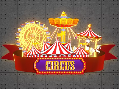 Vibrant Circus Scene With Red Banner Ferris Wheel Carousel And Striped Tents 3d model