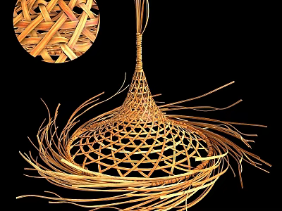 Natural Handwoven Bamboo Chandelier With Intricate Woven Pattern And Loose Strands 3d model