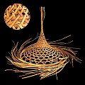 Natural Handwoven Bamboo Chandelier With Intricate Woven Pattern And Loose Strands