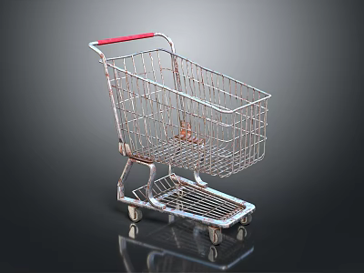 Silver Metal Shopping Cart With Red Handle And Wheels For Daily Household Use 3d model