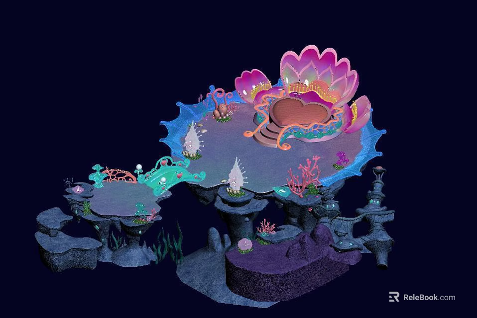 Enchanting Underwater Fantasy Scene With Shell Throne Corals Seaweed And Stone Platforms 3d model 