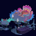 Enchanting Underwater Fantasy Scene With Shell Throne Corals Seaweed And Stone Platforms