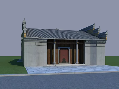 Ancient Chinese Architecture With Gray Masonry Walls Black Tile Roof Decorative Eaves And Red Door 3d model