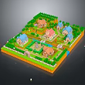 Cartoon Village Scene With Colorful Houses Green Trees Grass Paths And Small Pond