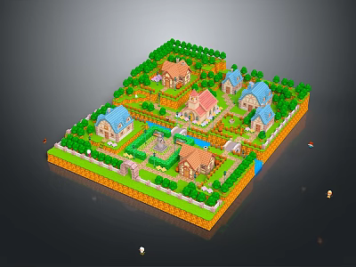 Cartoon Village Scene With Colorful Houses Green Trees Grass Paths And Small Pond 3d model