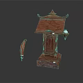 Traditional Wooden Architectural Component With Carved Roof Structure And Flanking Decorative Piece