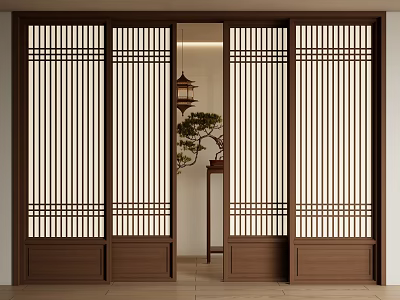 Wooden Sliding Doors With Lattice Design In Traditional Interior Featuring Lantern And Bonsai 3d model