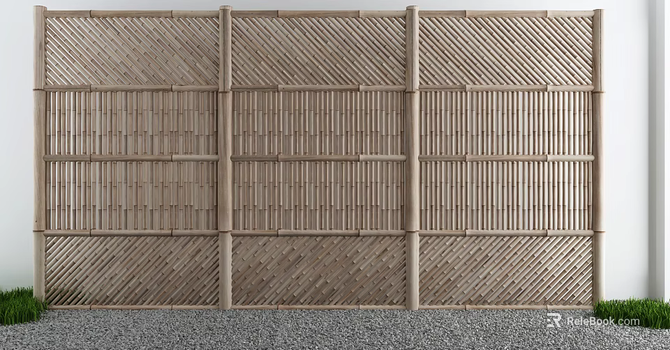 Natural Wooden Garden Fence With Slatted Geometric Pattern For Outdoor Decoration 3d model 