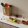 Fresh Fruits and Vegetables on Kitchen Counter with Paper Bag Cutting Board and Berries Bowl