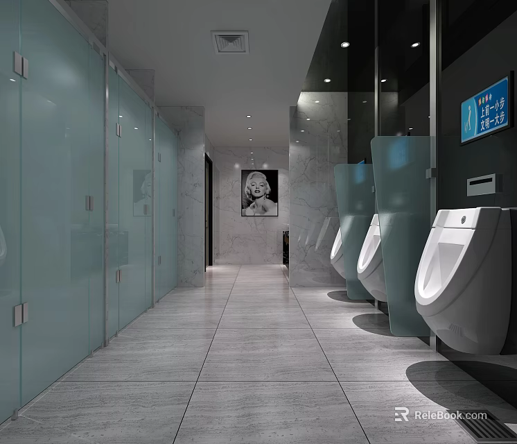 Public Restroom Interior with Glass Partitions Urinals Ceiling Lights Wall Painting and Blue Digital Screen 3d model 