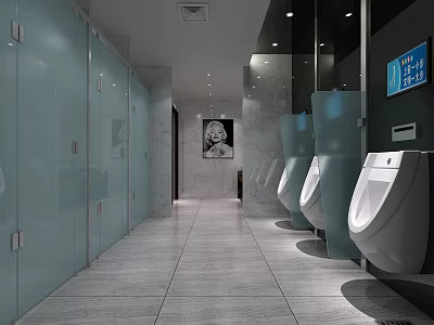 Public Restroom Interior with Glass Partitions Urinals Ceiling Lights Wall Painting and Blue Digital Screen 3d model