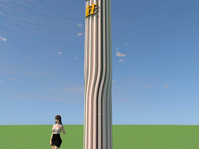 Spiritual Fortress Tall Striped Pillar With Yellow Logo And Person In Blue Sky Green Grass 3d model