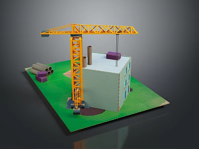Construction Site Model With Yellow Crane White Building Purple Pipes And Green Ground 3d model