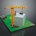 Construction Site Model With Yellow Crane White Building Purple Pipes And Green Ground
