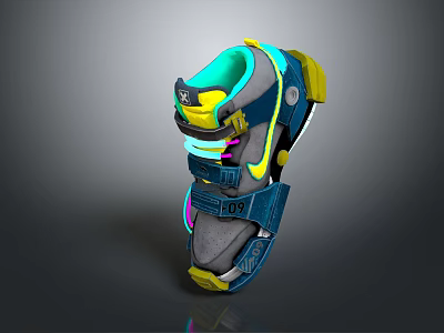 Futuristic Shoes With Neon Blue Yellow Green Accents And Multi Layered Sole Design 3d model