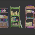Vintage Wooden Shelves Displaying Clay Pots Books Boxes And Shoes Collection