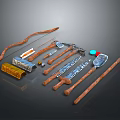 Vintage Tools Collection Featuring Wooden Handles Metal Blades Arrow Knife Shovel Hammer Box Blue Gem
