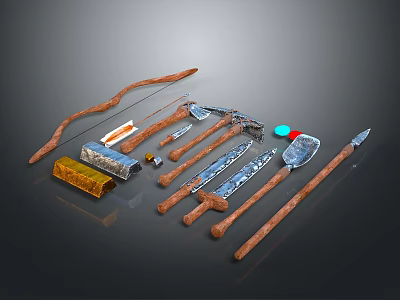Vintage Tools Collection Featuring Wooden Handles Metal Blades Arrow Knife Shovel Hammer Box Blue Gem 3d model