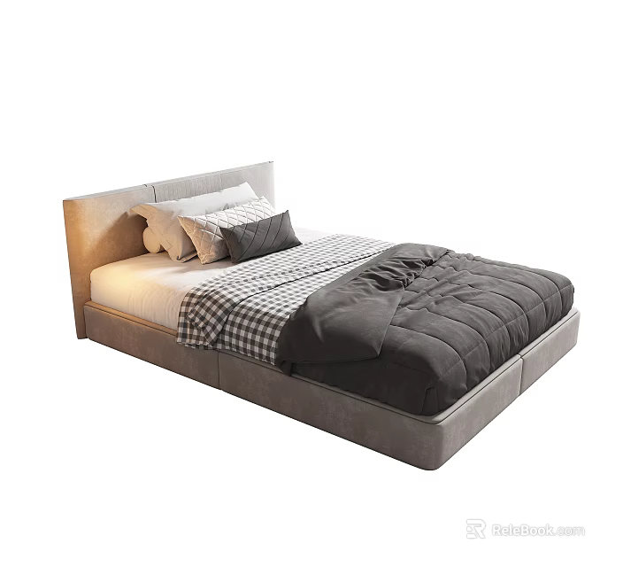 Modern Single Bed with Upholstered Headboard White Mattress Checkered Bed Sheet Gray Comforter and Pillows 3d model 