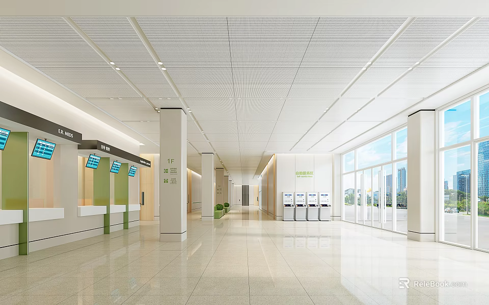 Hospital Outpatient Lobby Spacious Bright Interior With Registration Windows Self-service Kiosks And Large Windows 3d model 