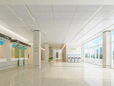 Hospital Outpatient Lobby Spacious Bright Interior With Registration Windows Self-service Kiosks And Large Windows 3d model
