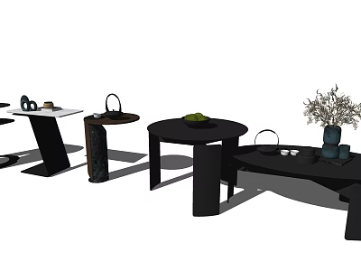 Modern Black Circular Tables Design With Fruit Bowl Vase And Plant Decor 3d model