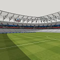 Large Modern Football Stadium With Metal Frame Structure Green Pitch And Seating Areas