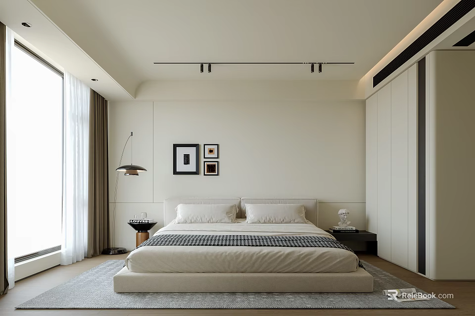 Modern Minimalist Bedroom Interior Design With Large Window Bed Nightstand And Wall Art 3d model 