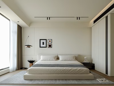 Modern Minimalist Bedroom Interior Design With Large Window Bed Nightstand And Wall Art 3d model