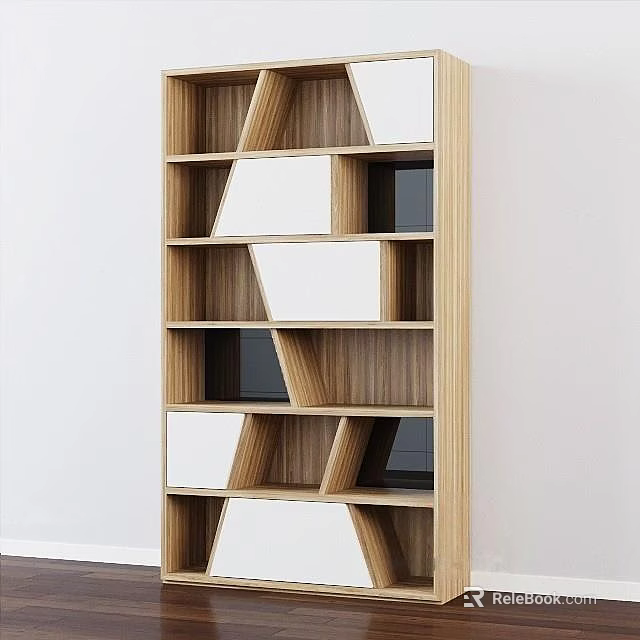 Stylish Modern Bookcase Featuring Geometric Wooden Shelves And Open Storage Design 3d model 